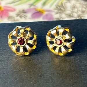 Vintage Avon Floral Stud Earrings, 1989 with Red Rhinestone Center